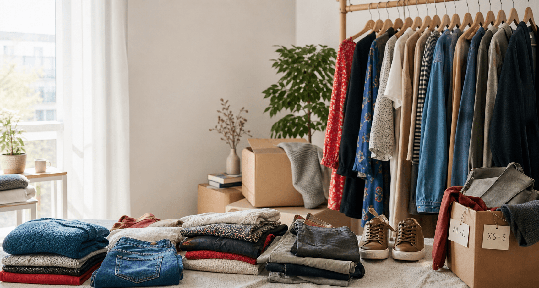 Pečlivě připravené second-hand oblečení k prodeji